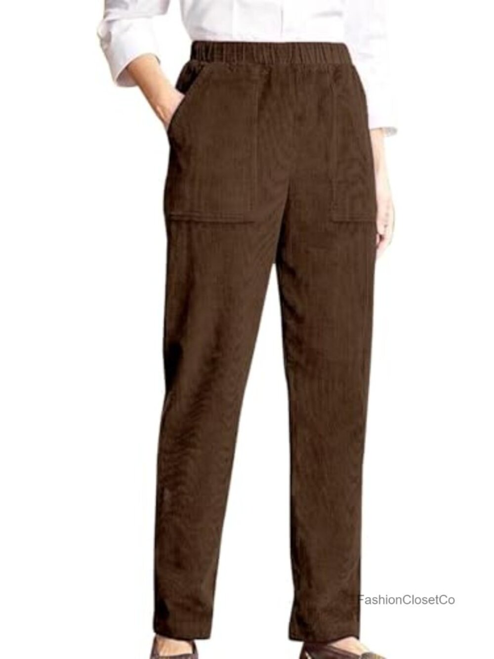 Corduroy Pants for Women Elastic High Waist Pull On Straight Leg Slacks Casual